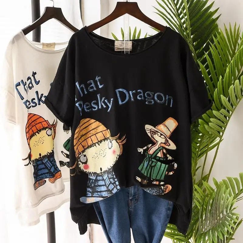 Summer T-shirt Oversize Women Plus Size Short Sleeve Casual Cartoons Loose O-Neck Shirts Short Sleeves Plus Size 4XL