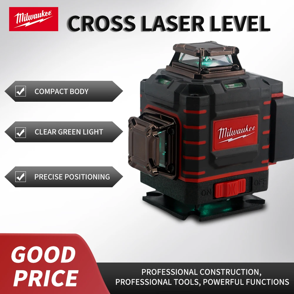 

Milwaukee 4 Sides*360 Degree Vertical 4D Cross Laser Level Green Beam Horizontal And Vertical Rechargeable Battery Tool