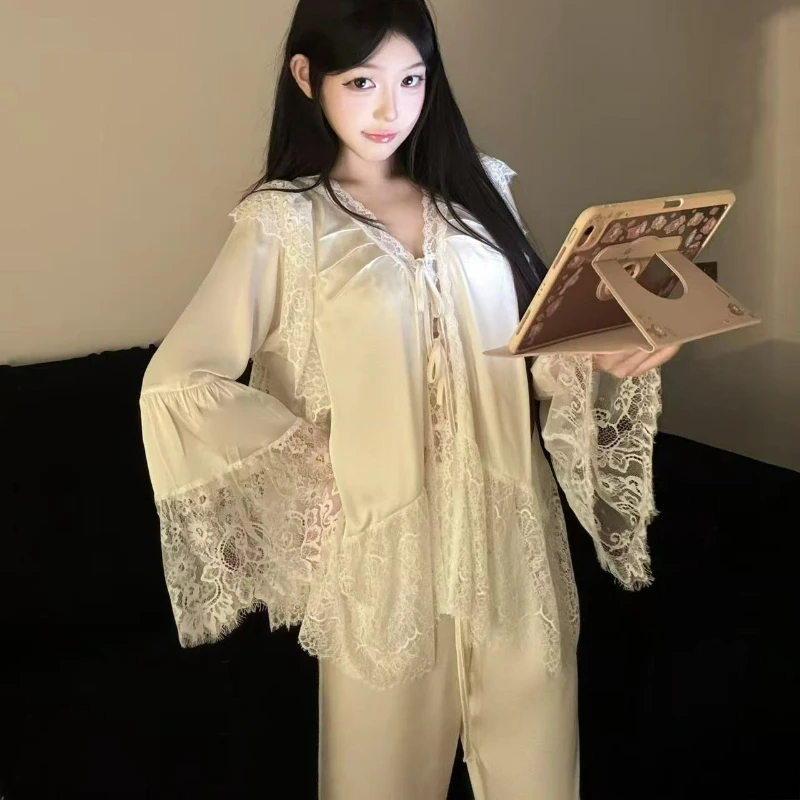 

Модный свободный пижамный комплект большого размера для женщин, новинка 2026, весна-осень, элегантные кружевные длинные брюки с длинными рукавами, домашняя одежда