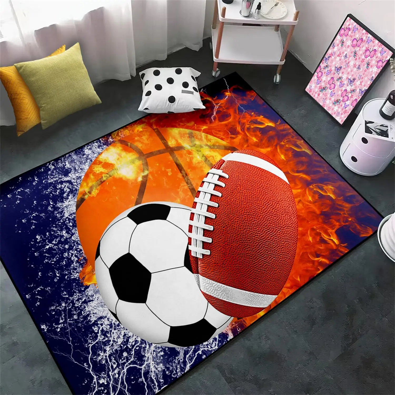 Sports Rugs for Boys Bedroom Football & Soccer, Baseball,Basketball Rug for Boys Bedroom Sports Themed Water Flame Design Kids