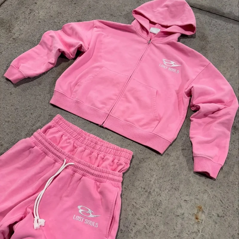 

2025 autumn and winter street wear Y2K hooded sweatpants two-piece set for both men and women, embroidered zipper sweatshirt wit