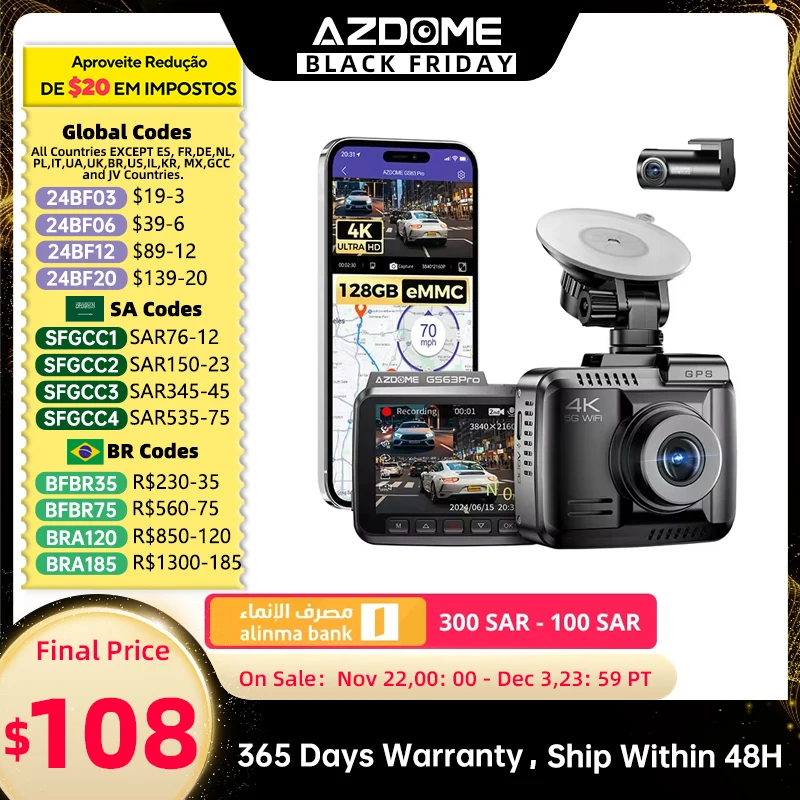 

AZDOME GS63pro 4K Dash Cam Front and Rear 128GB eMMC ADAS Smart Dash Camera 5GHz WiFi GPS Dual Dashcam for Car 24H Parking Mode