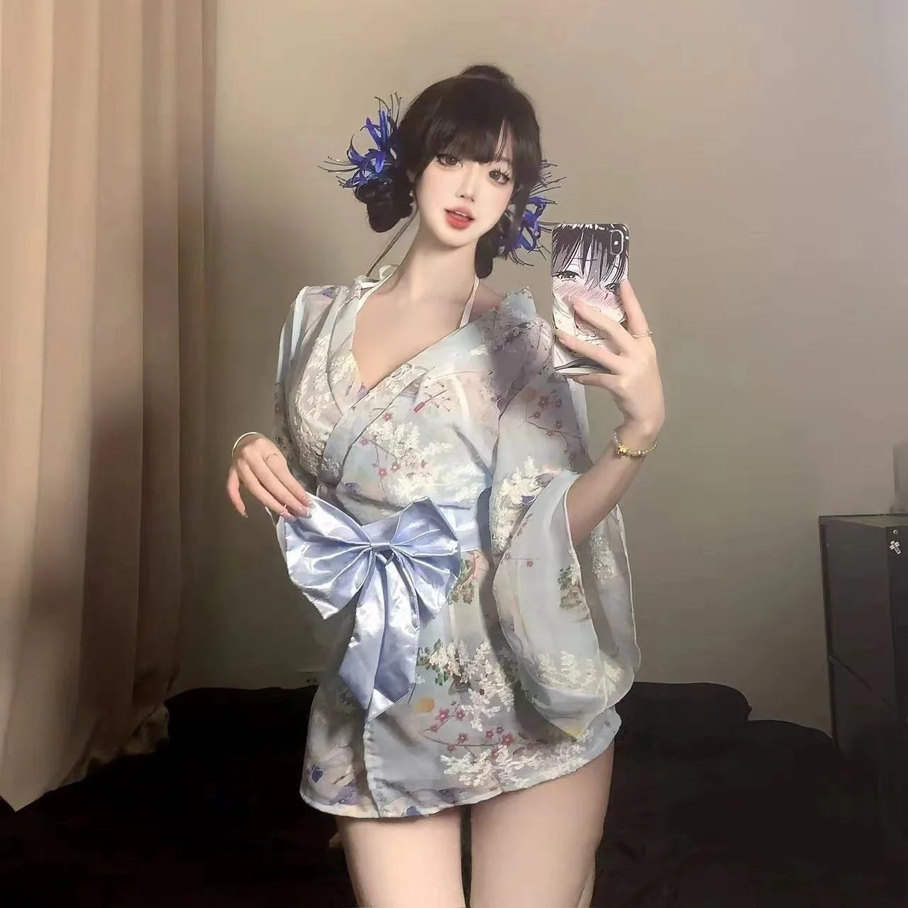 2026 뉴 도쿄 여신 소녀 스위트 보우 매력있는 프린트 자수 기모노 목욕 가운 시폰 나이트가운 매력적인 이너웨어 코스프레 의상 썸네일 5