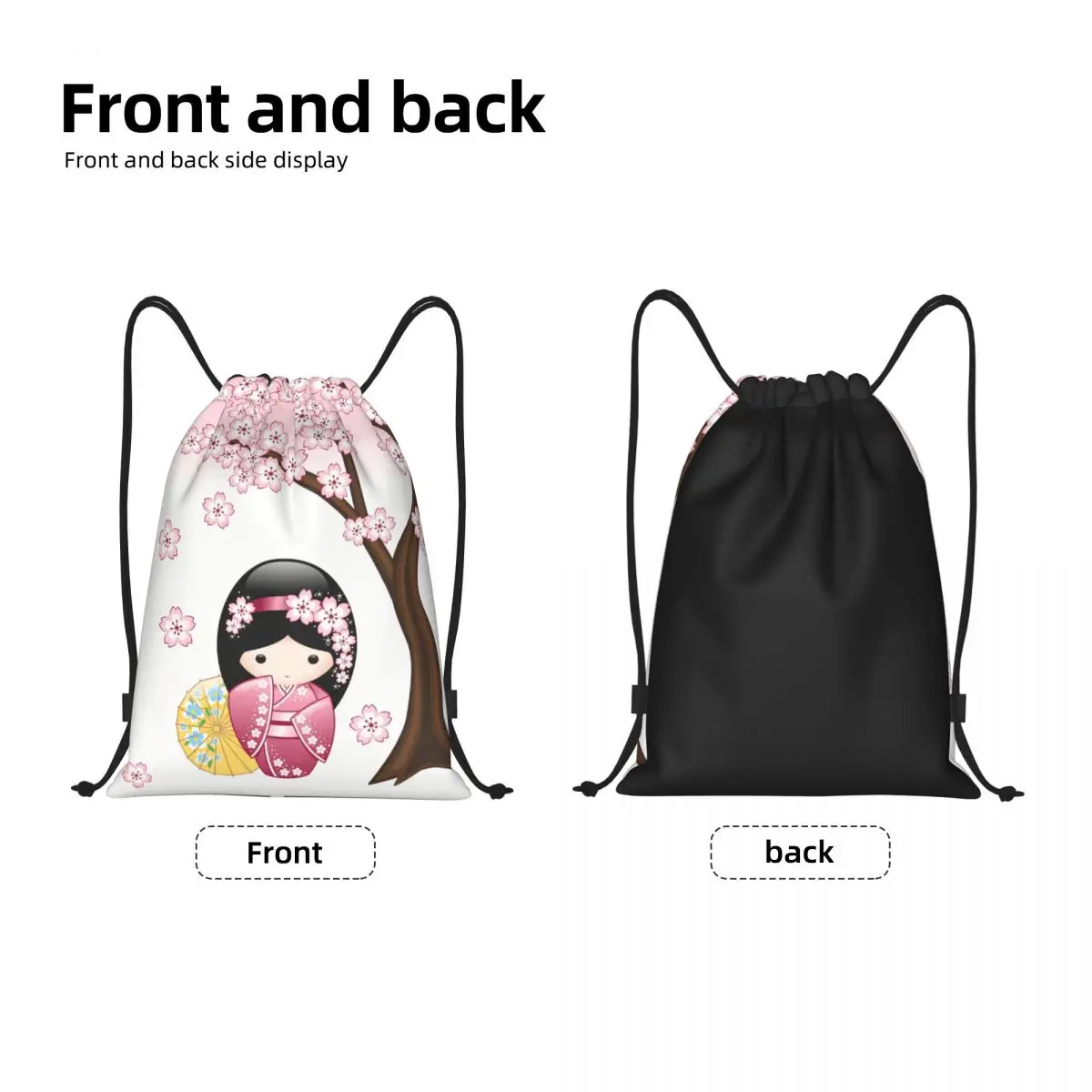 Kawaii Kokeshi Doll Cherry Blossoms Drawstring Backpack Sports Gym Bag for Women Men Japanese Geisha Girl Art Training Sackpack