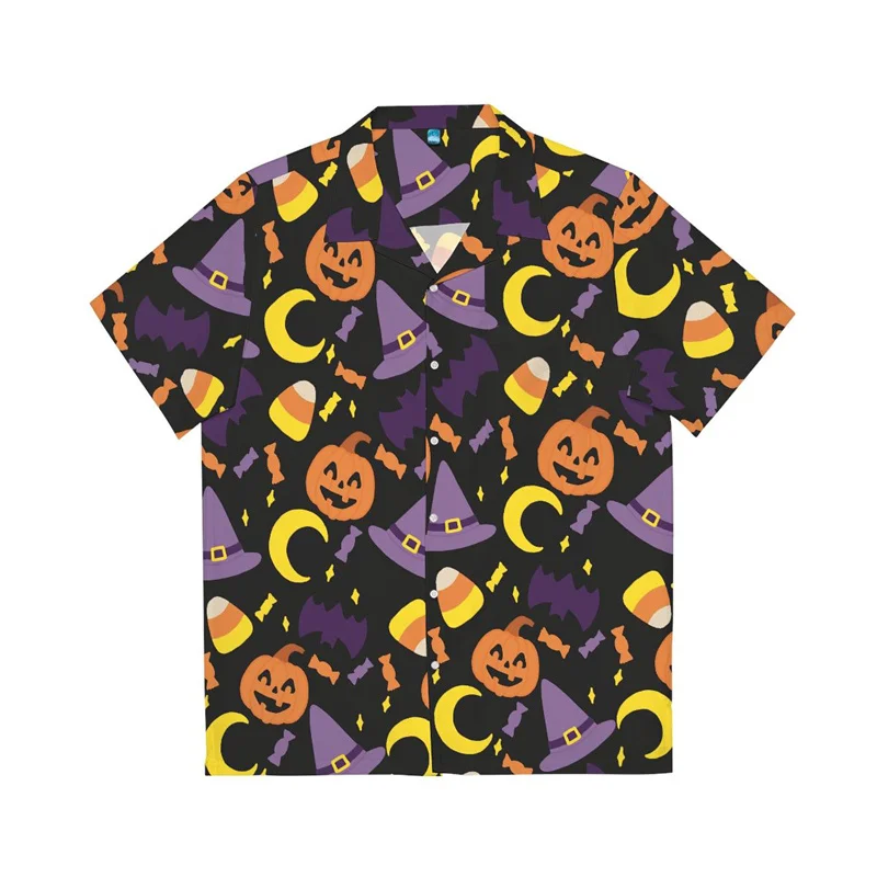 Men's Halloween Shirt Cuban Collar Holiday Party Shirt Man Casual Street Short Sleeved Fashionable Pumpkin Head Printed Shirts