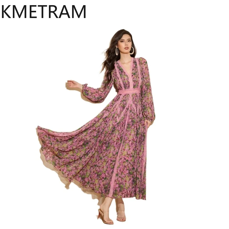 KMETRAM French Style Retro V-Neck Dresses for Women Floral Printed Long Dress Lace Spring Summer Frocks 2026 Woman Clothing 원피스
