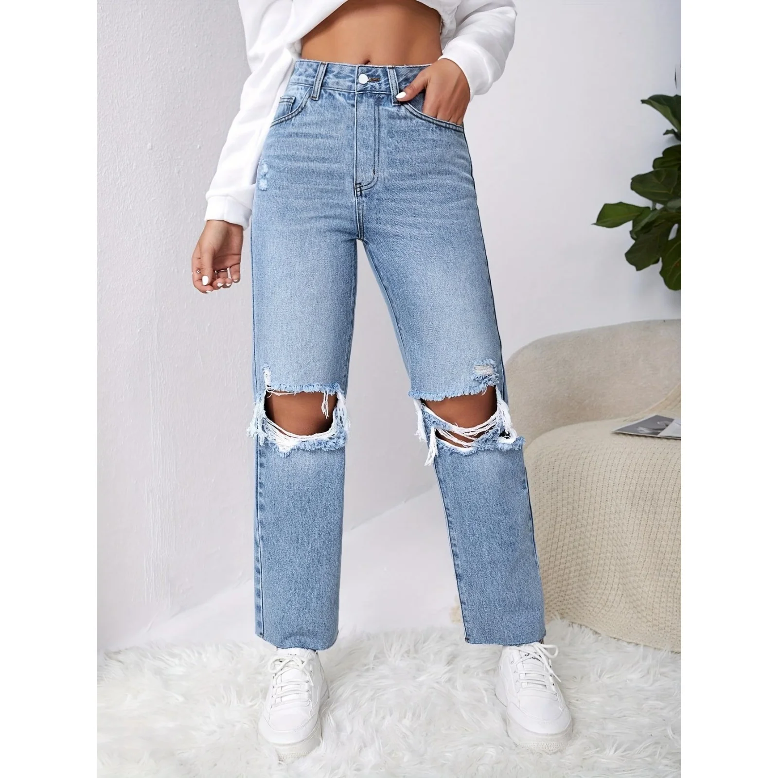 Womens Jeans Distressed Straight Leg Pants With Stretch Comfort Fit Casual Denim Trousers For Women