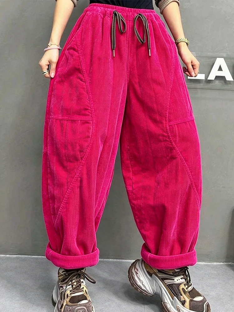Amax LuluE Korean Womens Fashion Corduroy Padded Trousers Winter Ladies Warm Loose Vintage Leisure Classic Thicken Harem Pants