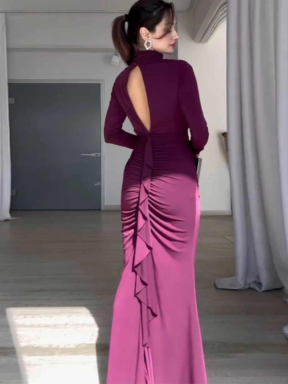 High-end Bodycon Dinner Party Evening Gown Fast Shipping Sexy Cut Out Pleated Cocktail Wear Simple Long Sleeves Ruffled Dresses