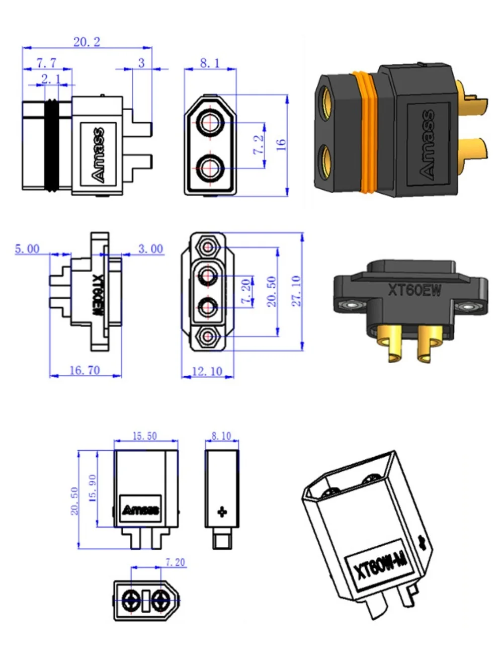 5/10 Paar XT60W XT60EW XT60 wasserdichter Stecker vergoldete Rundstecker für RC-Flugzeug-Drohnen-Auto-Lipo-Batterie – Detail 1