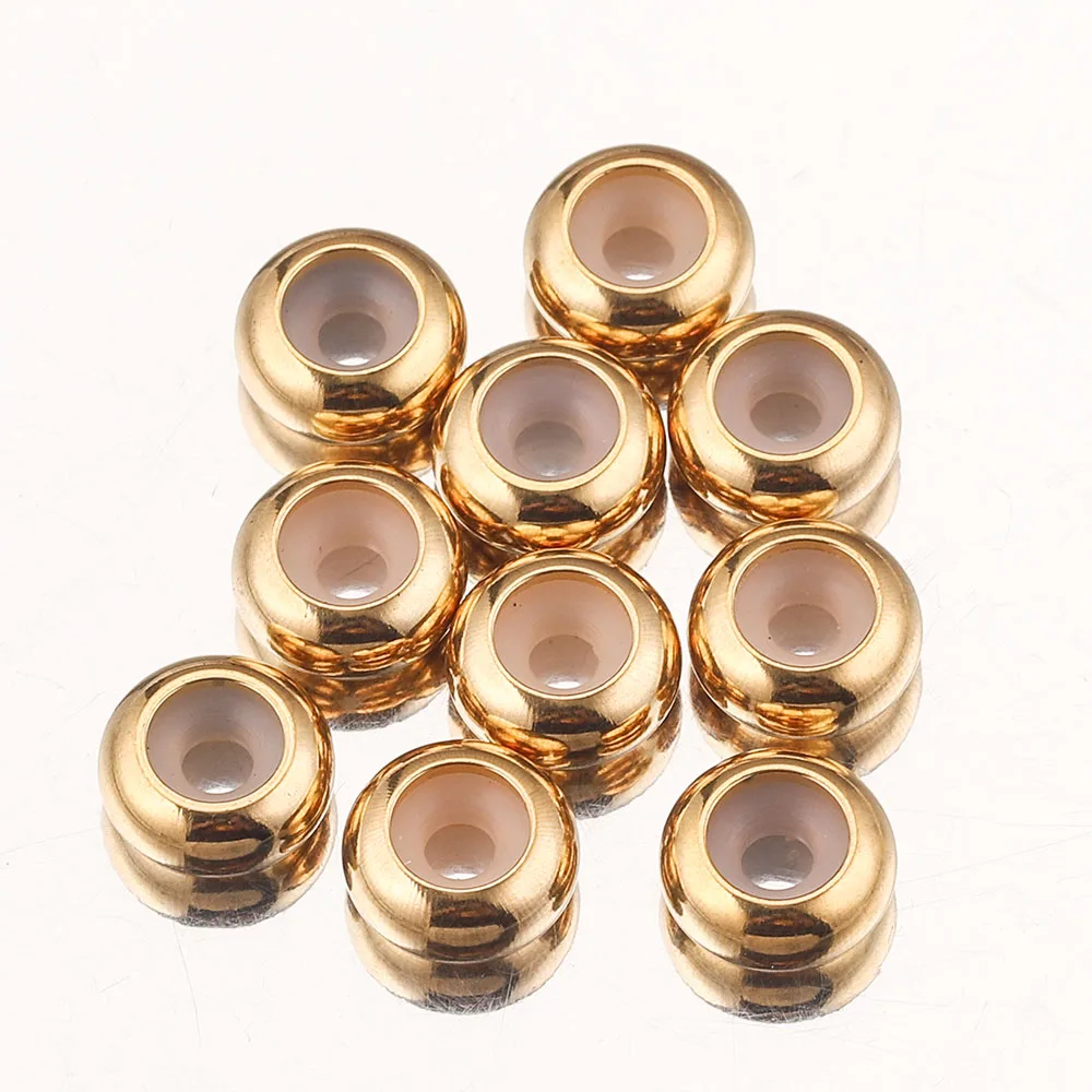 10pcs 4 6 8 10mm Gold-Plate Stainless Steel Silicone Spacer Stop Beads Big Hole Paracord Waist Bead for Jewelry Making Braclets