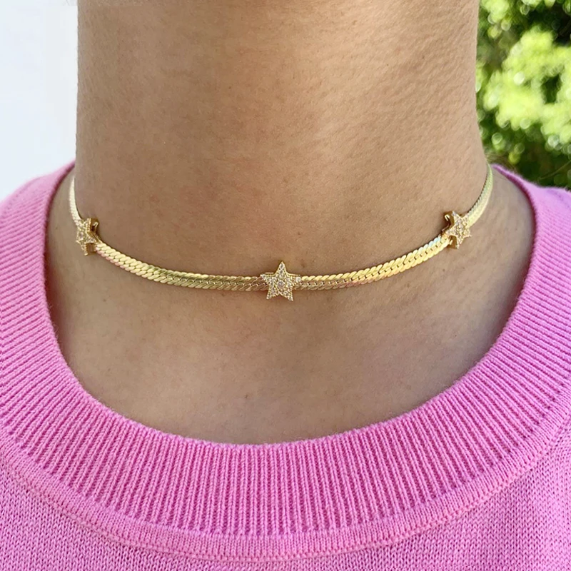 2024 High Quality Fashion 4MM Width Herringbone Snake Chain Micro Pave CZ Star Charm Choker Necklaces Wedding Jewelry For Women