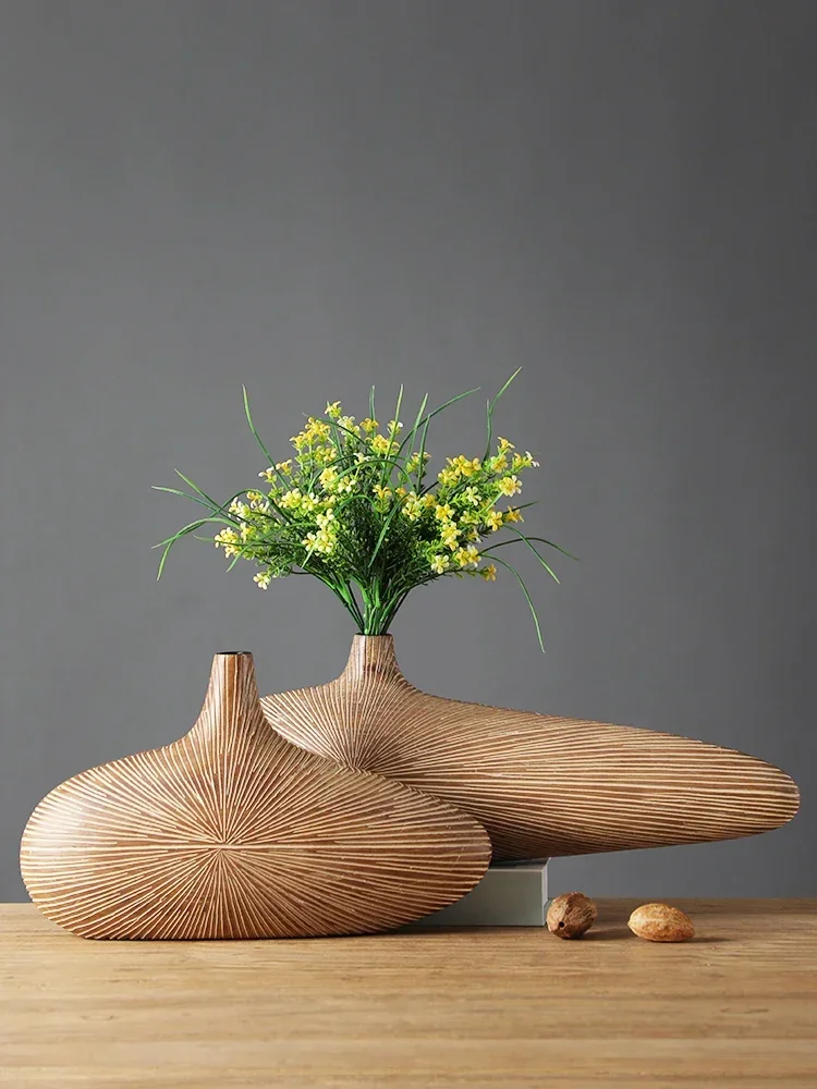 for  Line Stripe Resin Vase Flower Arrangement Dried Flower Imitation Wood Vase Bookcase Desktop Decoration Crafts Furnishings