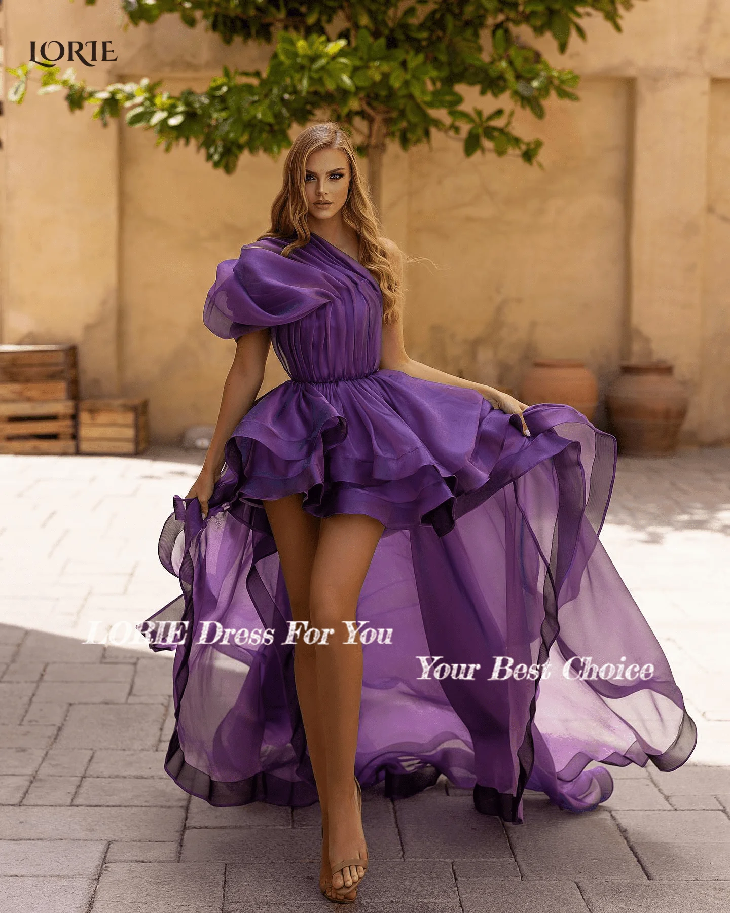 LORIE-Vestidos de Noche altos/bajos de Dubái, fruncidos, de lujo, línea A, vestidos de fiesta de celebridades, un hombro drapeado, vestido de cóctel