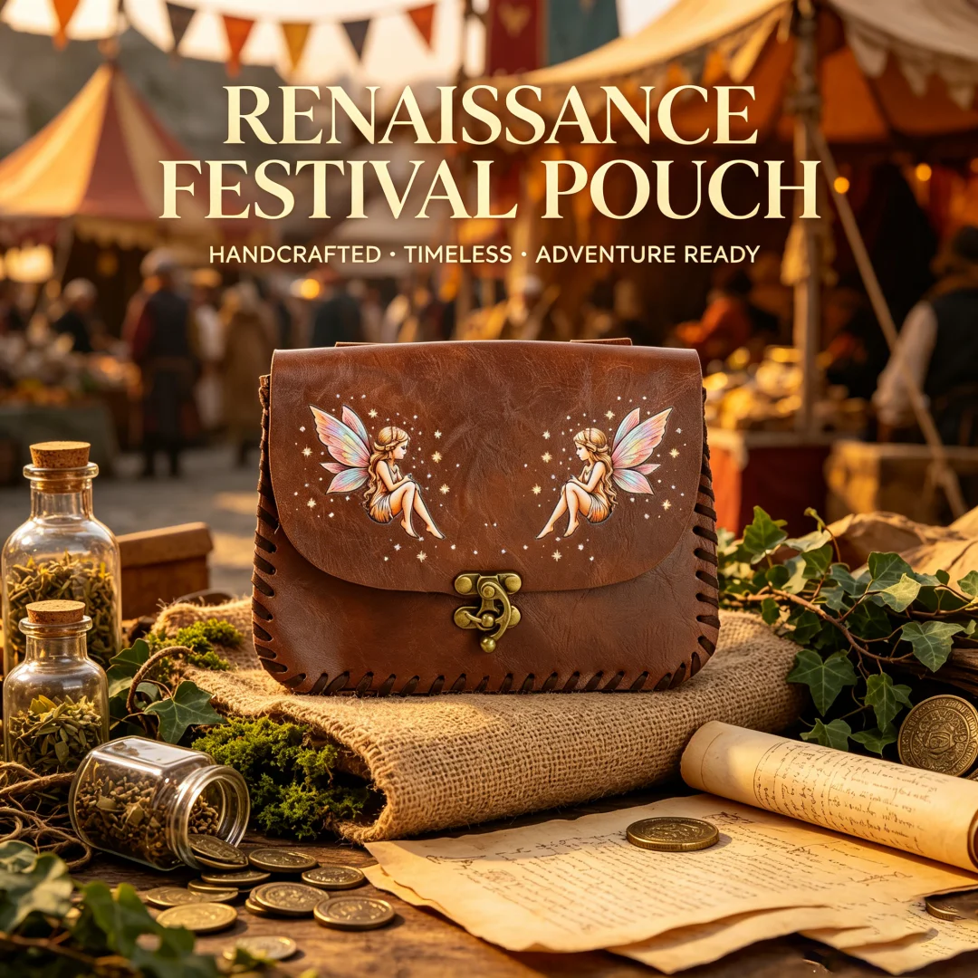 Vintage Twin Fairy Print Distressed Faux Leather Belt Pouch, Medieval Renaissance  Bag, Forest Elf LARP Cosplay Costume Prop