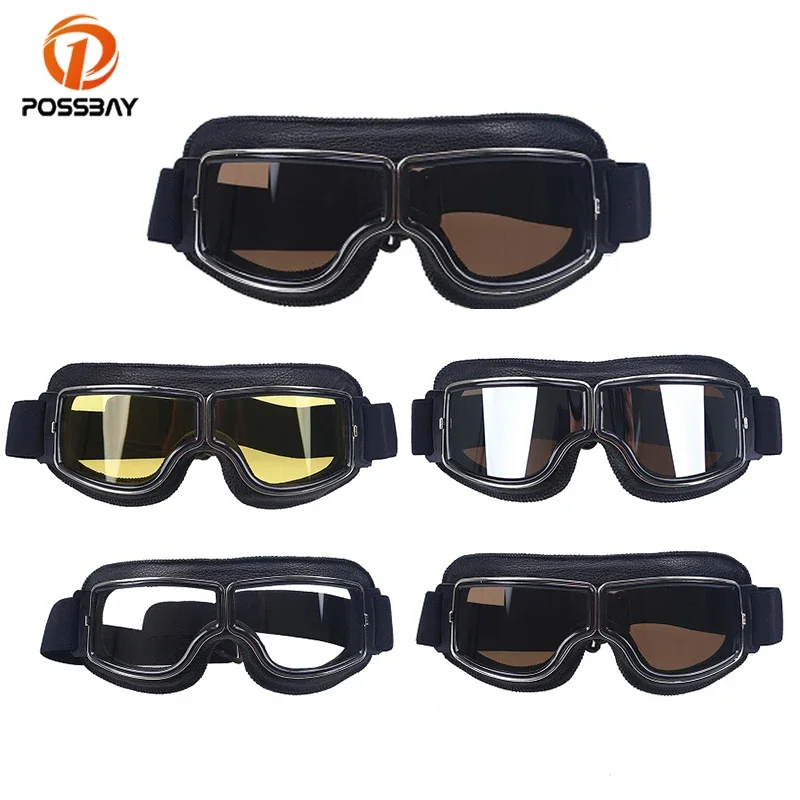 

POSSBAY Black Retro Motorcycle Goggles Glasses Pilot Moto Leather Helmet Ski Eyewear for Man Women Motorbike Universal