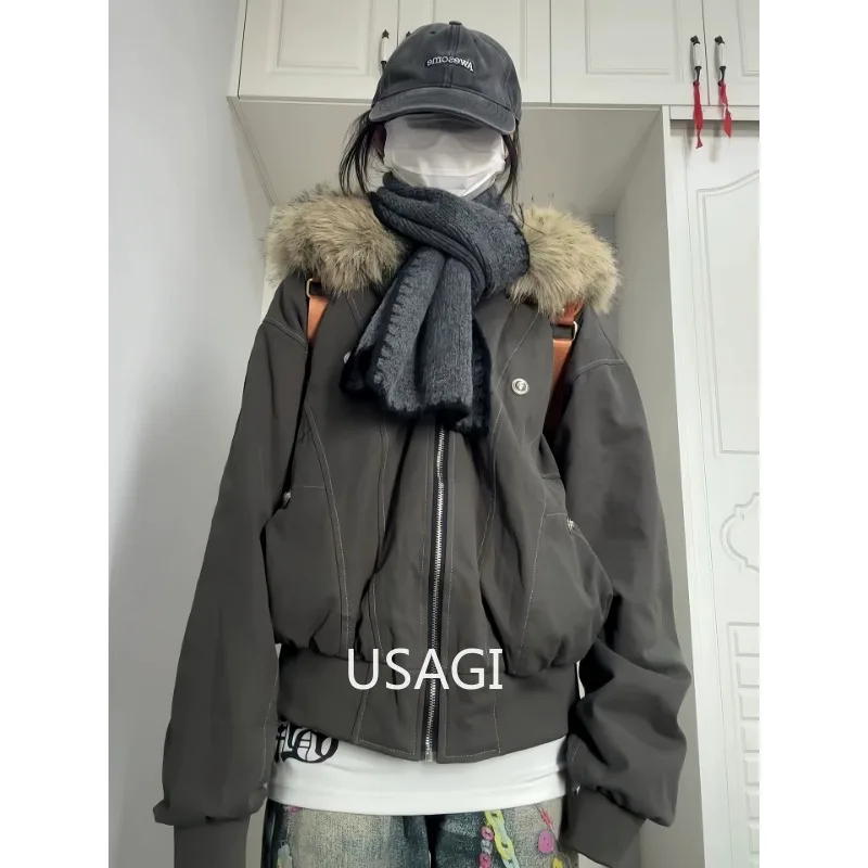 

Winter Faux Fur Collar Parkas Coat Women Vintage Thicken Fleece Warm Jackets Streetwear Hip Hop Padded Jackets Outwears