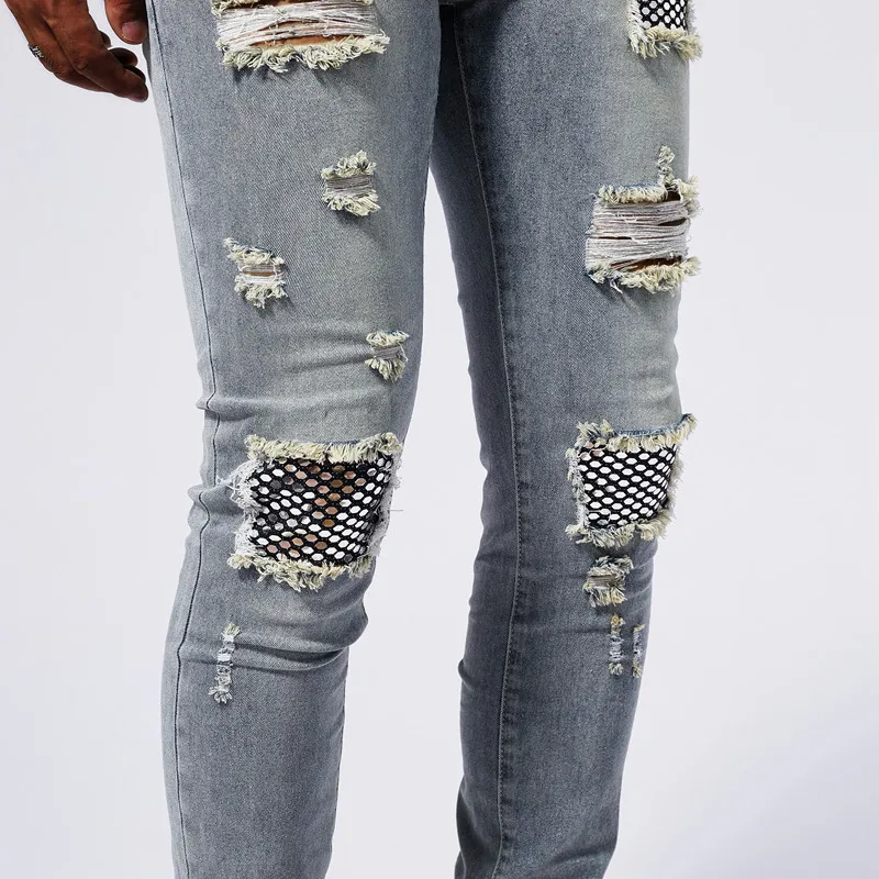 Patch sequin rhinestone jeans for men with torn holes, elastic summer fashion, casual fit, small foot muscle tight pants