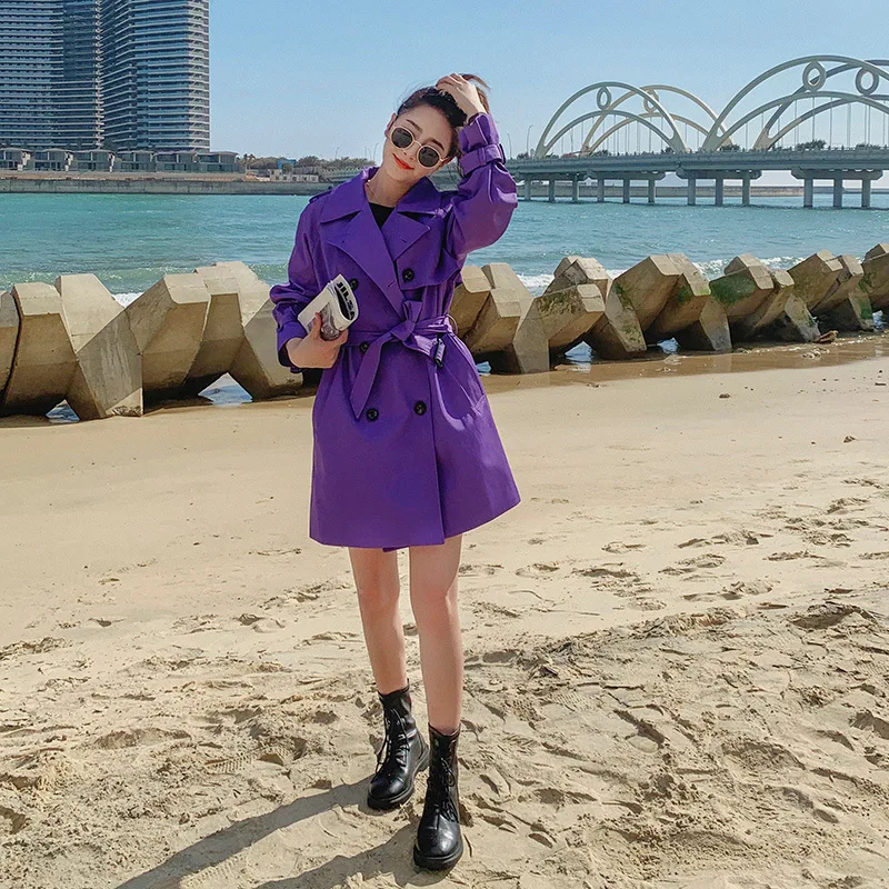 Purple Trench Coat For Women 2023 Autumn New Lapel Double Breasted Fashion Windbreaker Female Streetwear Clothes