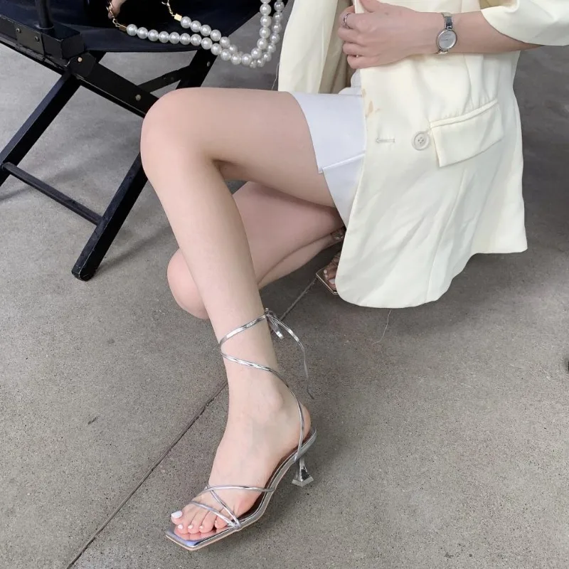 2026 New Fashion Designer Party Shoes Women's Thin Heel Middle Heels Square Head Lace Up Sandals Summer Casual Narrow Band Shoes