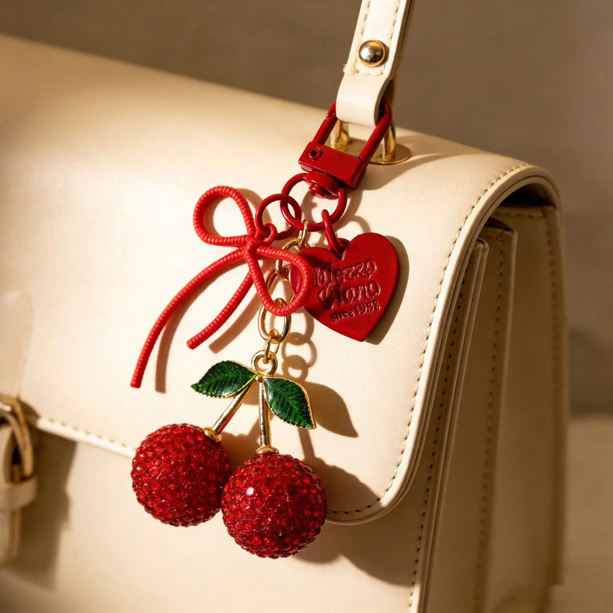 1 ud. Llavero Grande de Cereza Roja con Diamantes de Imitación, Colgante Brillante de Cereza Roja con Hojas Verdes, Dijes de Corazón Rojo y Lazo, Aleación Metálica
