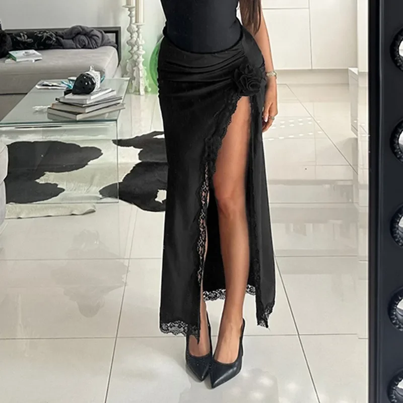 

Satin Lace Skirt Women's Black Patchwork Floral High Slit Skirt Sexy Pleated Streetwear High Waist Party Club Long Skirt