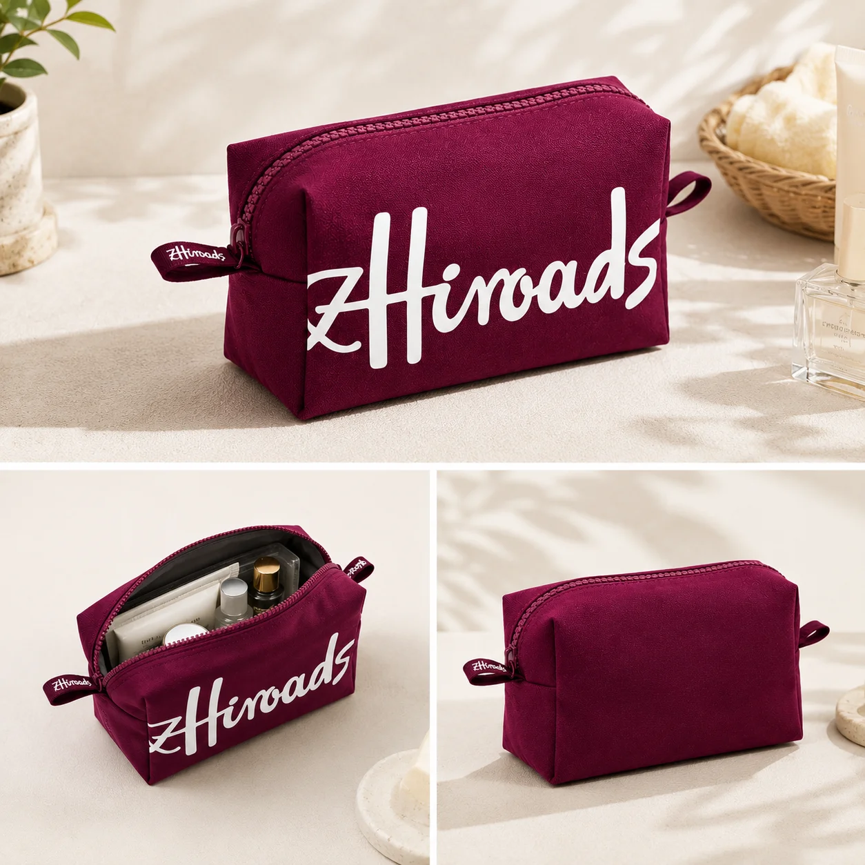 Zhiroads Large Capacity Makeup Bag Organic Cotton Canvas Eco-Friendly Reusable Washable Cosmetic Pouch Travel Toiletry Bag