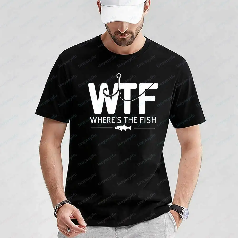 Where's The Fish Fishing T-Shirt for Men Funny Angler Graphic Outdoor Fisherman  Short Sleeve Cotton Tops  Fishing Lover Gifts