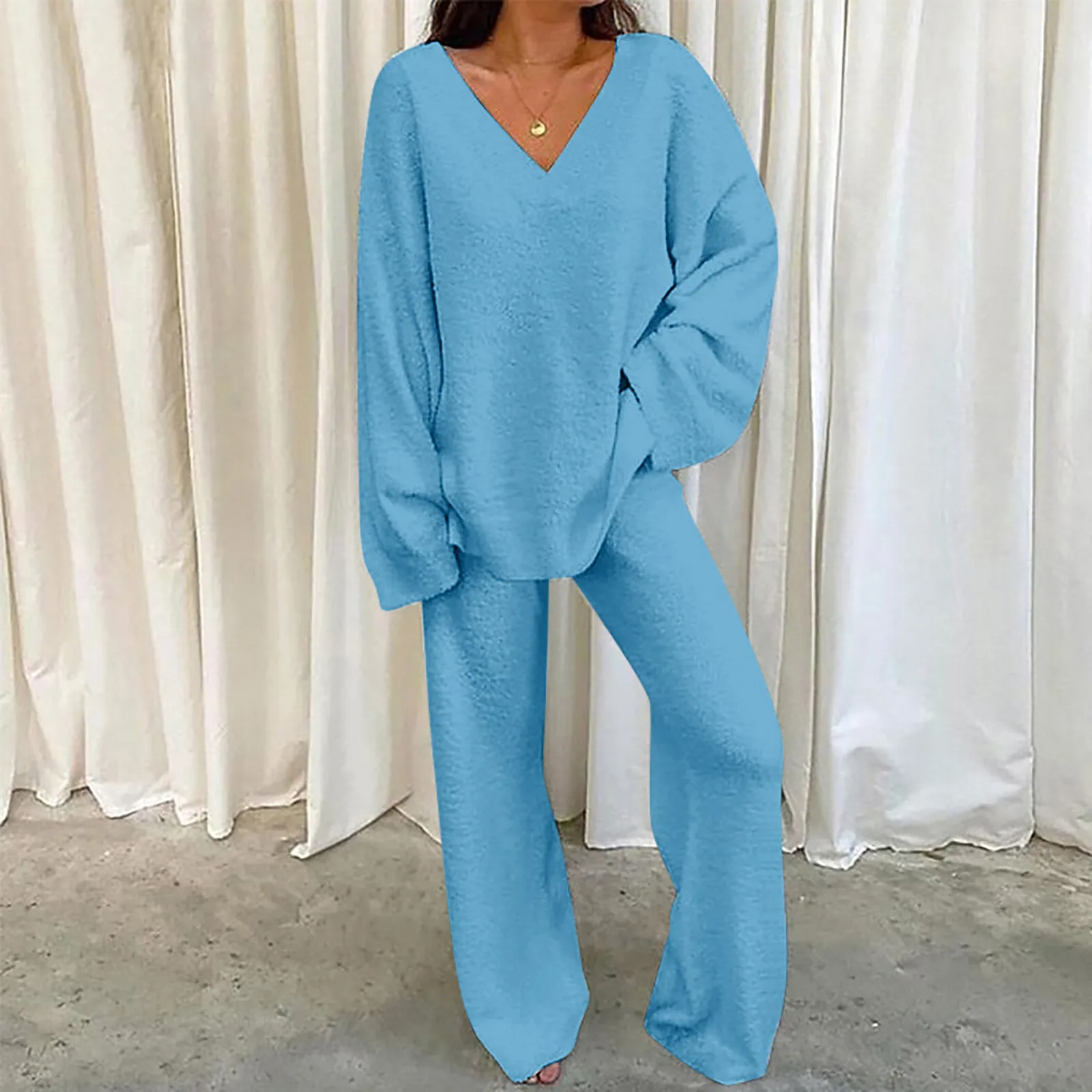 Women Winter Comfort Solid Pajamas Set V-Neck Casual Daily Home Warm Top+Long Pants Two Piece Set Warm Sleepwear Pijama