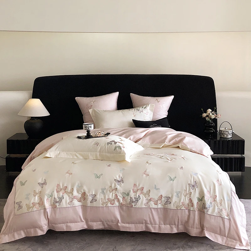 Luxury Pink White Butterfly Embroidery Egyptian Cotton Bedding Set, Duvet Cover, Linen Fitted Sheet, Pillowcases, Home Textile