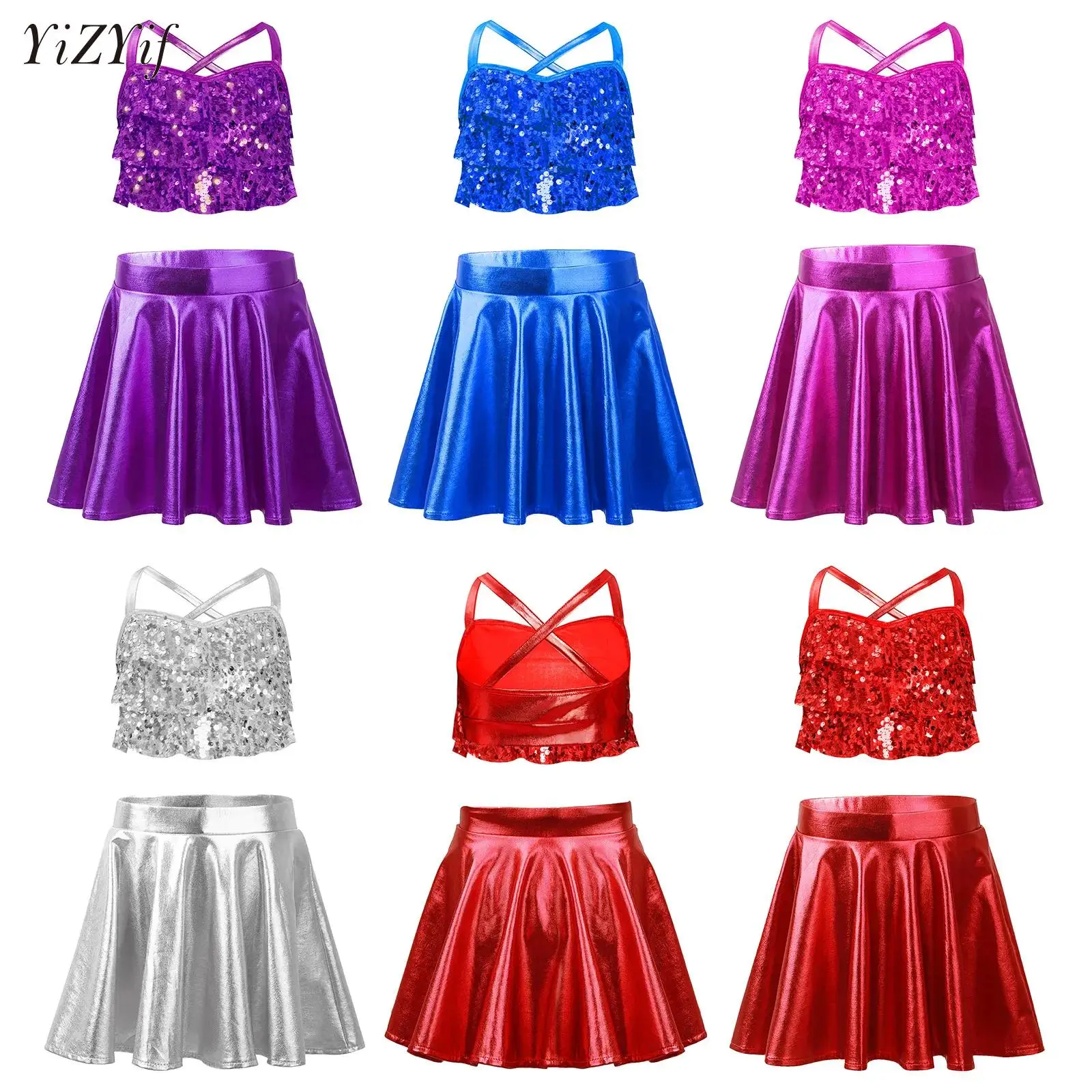 

Kids Girls Sequined 2 PCS Jazz Latin Dance Outfits Set Metallic Crop Top with Pleated Skirts Ballet Ballroom Performance Costume