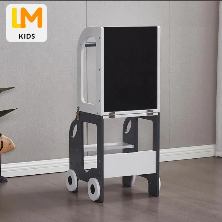 

LM KIDS Toddler Kids Adjustable Montessori Furniture Kitchen Helper Step Wood Foldable Learning Tower With Blackboard