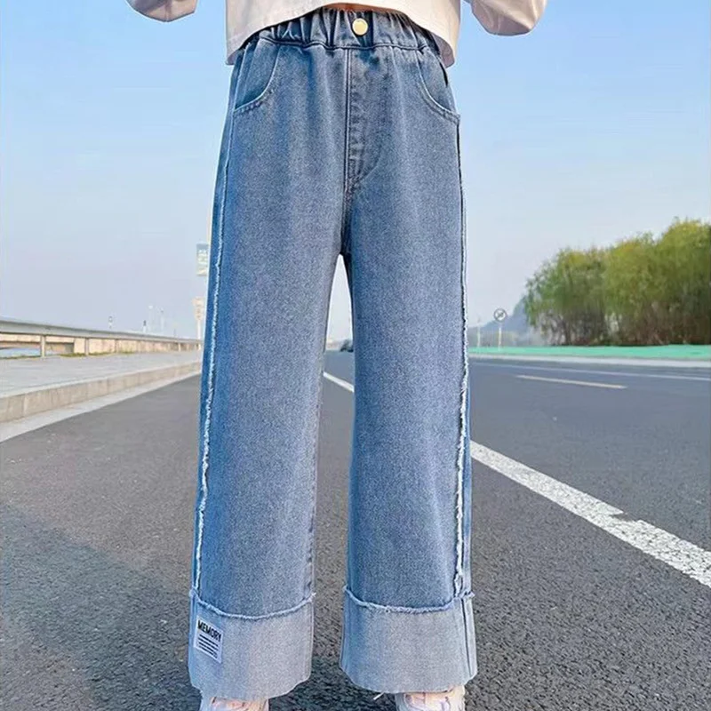 

Girls' Wide Leg Pants Spring Autumn Clothing Pockets Fashionable Jeans Wearing Button Loose Fitting Korean Children Trousers