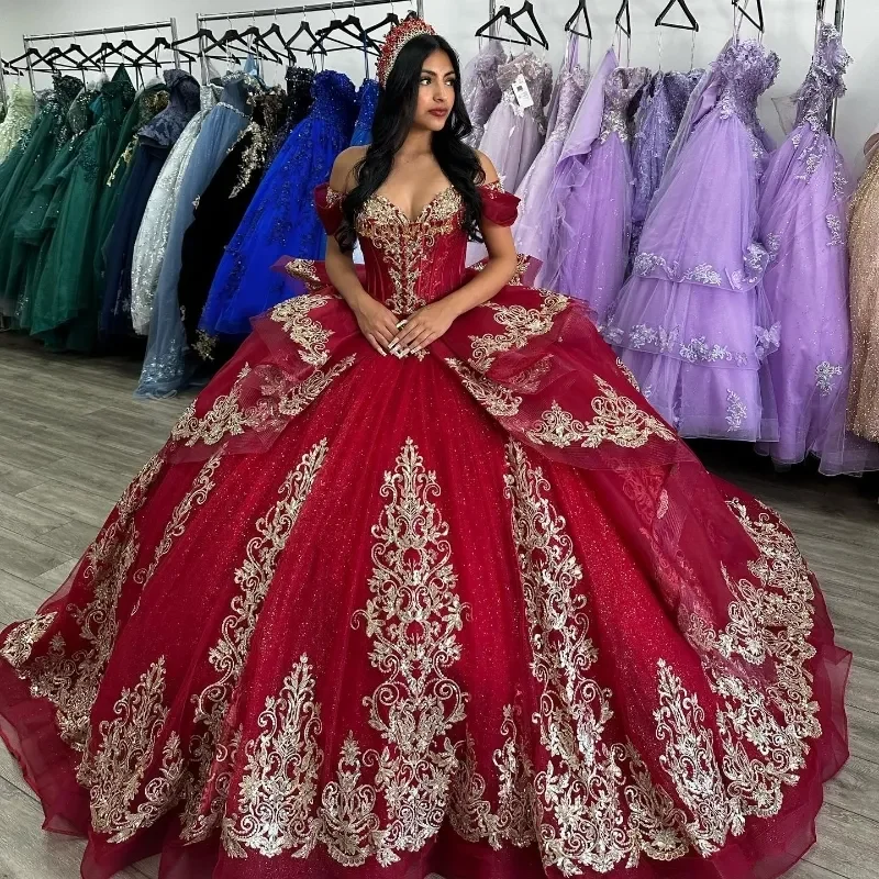 Wine Red Quinceanera Dresses With Gold Applique Lace Sweetheart Off The Shoulder Crystal Beading Ball Gown Vestidos De 15 Anos