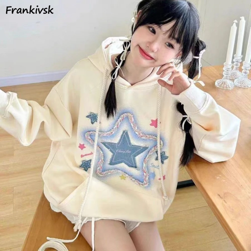 

Korean Style Women Hoodies All-match Star Design Letter Printing Girlish Sweet Girls Tops Comfortable Trendy New Students Kawaii