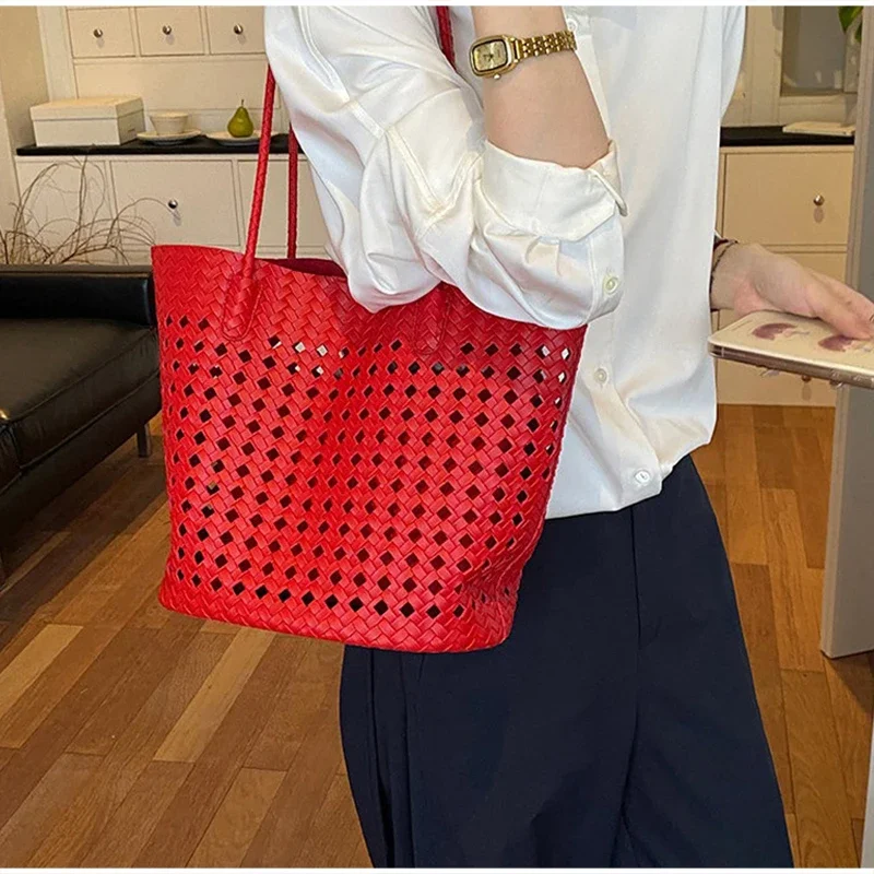 Rattan-Geflochtene Hohle Schultertasche mit Passender Geldbörse, Sommer-Shopper für Markt, Strand und Pendeln, Leichte Handtasche mit Offener Webung – Detail 20