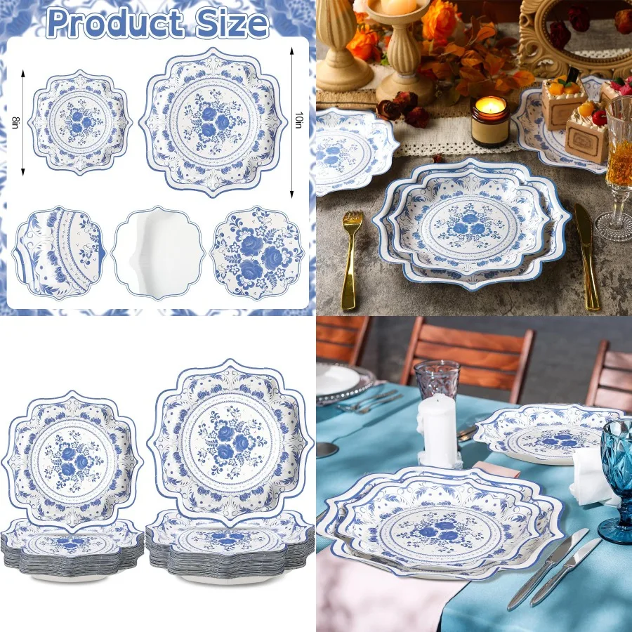 

100 шт. синие одноразовые тарелки в стиле шинуазри с цветочным принтом, синие и белые бумажные десертные тарелки для ужина, оптовый набор из 50 гости, 8 дюймов, 10 дюймов