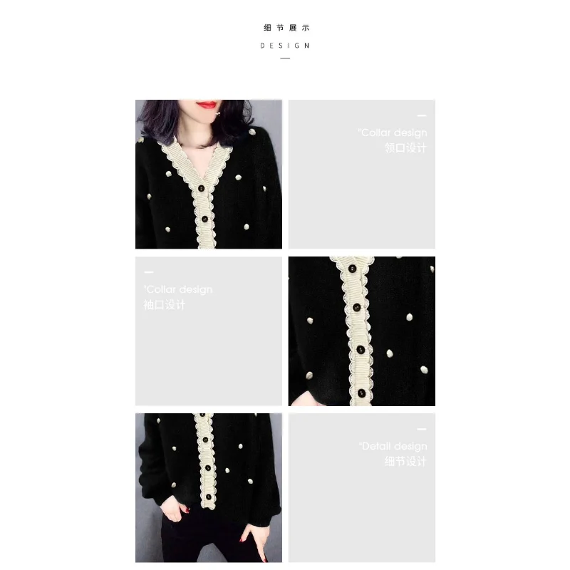 レディース ブラック Vネック シングルブレスト ファッショナブル イヤーアーン ニッチ ニット カーディガン