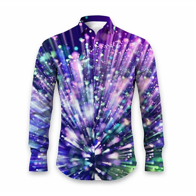 2024 Fashionable Men\'s Shirt Lapel Long Sleeve Elk Fireworks Colorful Clear Pattern Soft and Comfortable Men\'s Tops Plus Size