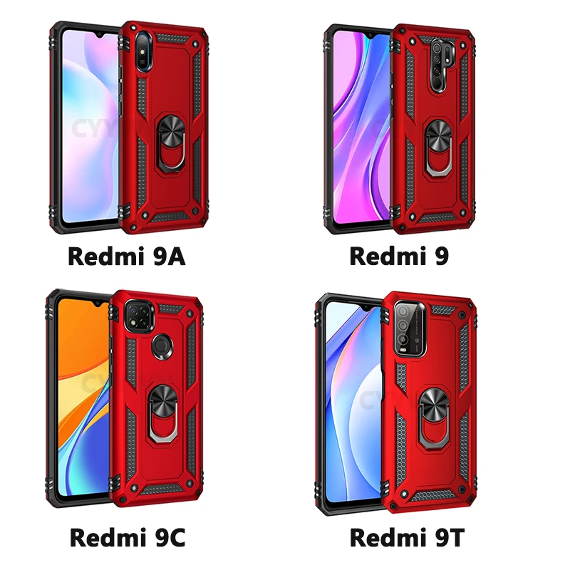 Shockproof Armor For Xiaomi Redmi 9A 9C 9T Case Phone Case for Redmi Note 7 8 Pro Ring Stand Bumper Silicone Phone Back Cover