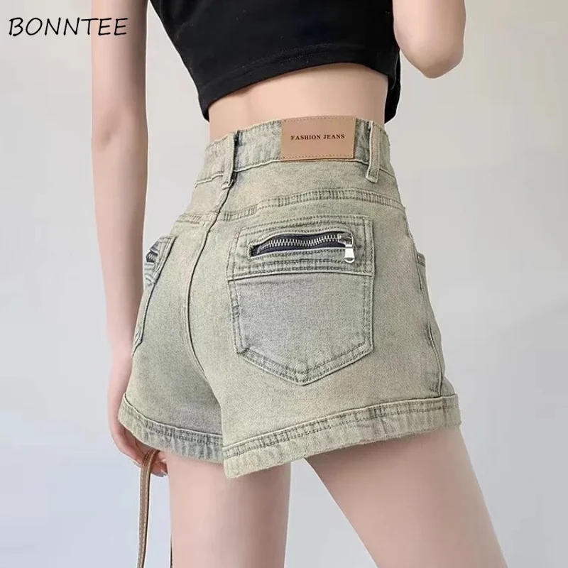 Pantalones cortos vaqueros de verano para mujer, ajustados con cremallera, Retro, corte en A, lavados, estilo americano, chicas calientes, ropa de calle que combina con todo, elegante Ins 2025