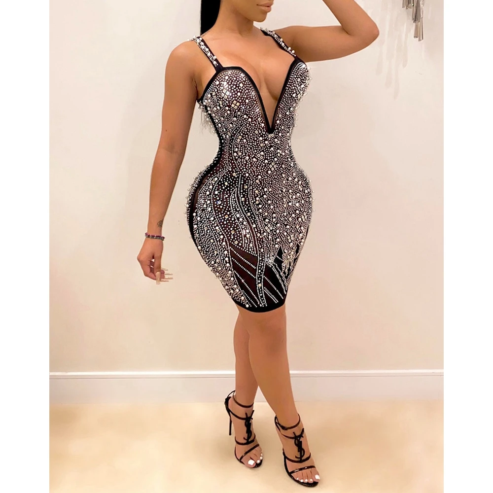 Party Women Rhinestone Beaded Sheer Mesh Deep V Neck Black Dress Spaghetti Strap Bodycon Mini Short Dresses Sexy Outfits