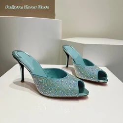 Surkova Hardware Crystal Covered Peep Toe Modern Slippers Women Sexy Slip On Thin High Heels Shoes Fashion Outdoor Casual Shoes