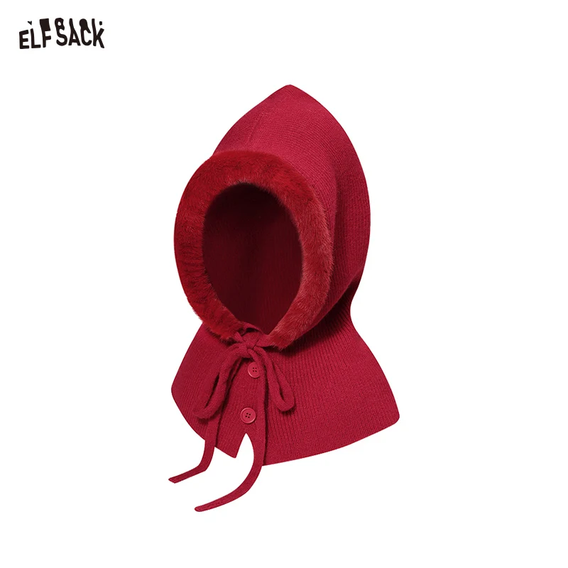 ELFSACK 2024 invierno nuevas llegadas dulce y lindo sombrero de punto rojo esponjoso para mujeres