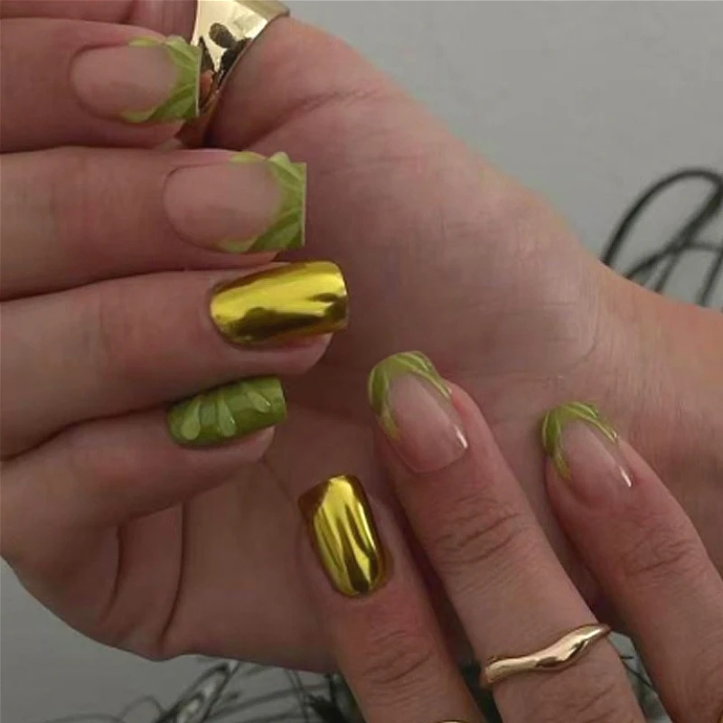 

Green French Gold Magic Mirror Powder 3D Water Ripple Nail Art Fashion False Nails Detachable Finished Fake Nails Press on Nails