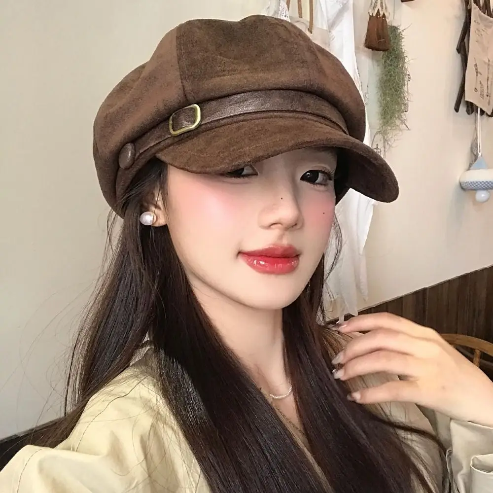 

Personality British Style Pu Leather Beret Brown Retro Suede Octagonal Hat Korean Style Belt Buckle Painter Hat Winter