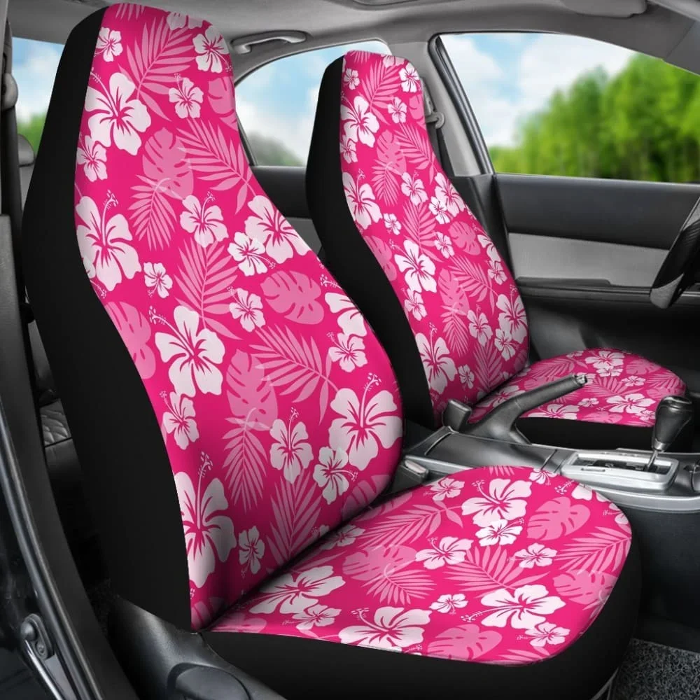 Hot Pink Magenta Hibiscus Flower Car Seat Covers Hawaiian Flower Polynesian Pattern,2 Universal Front Seat Protective Cover image 3