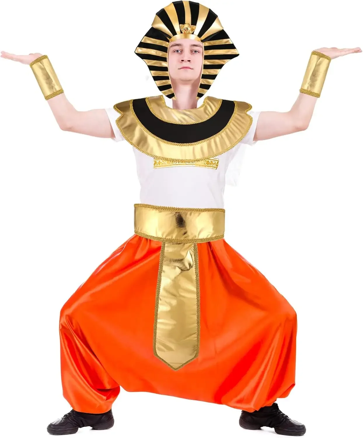 Egyptian Costume Accessory Set Pharaoh Hat Collar Egyptian Belt Cuffs Cobra Head Scepter for Men Halloween King Tut Cosplay