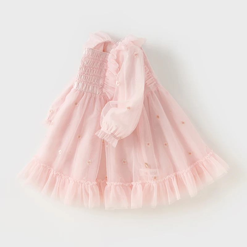 Dave Bella Princess Dress for Girls Children Baby 2024 New Spring Noble Charm Sweet Lovely Mesh Pink Fashion Party DB1247862