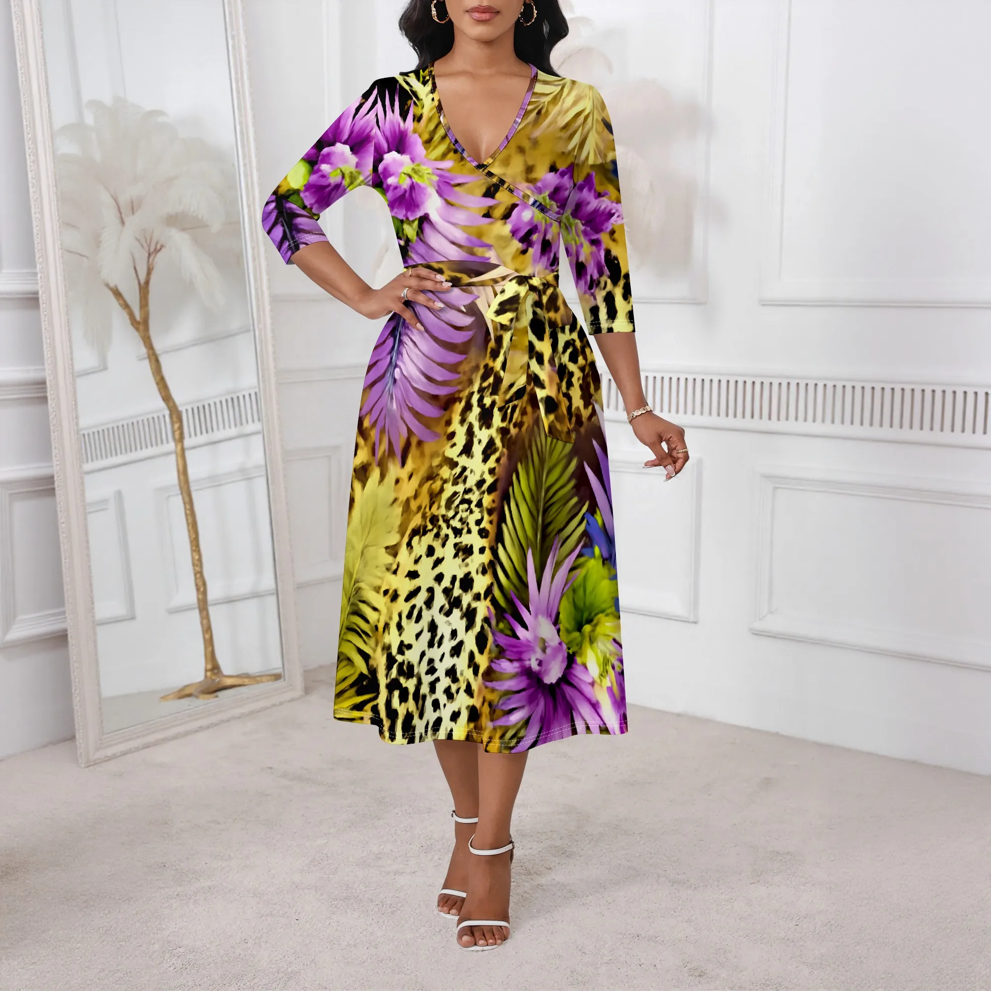 

Tropical Leopard Print Midi Dress XS-3XL V-Neck 3/4 Sleeve Belted Style for Summer Vacation, Garden Party or Brunch Look